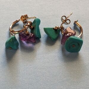 Amethyst Turquoise silver tone hoop post drop earrings removable stones